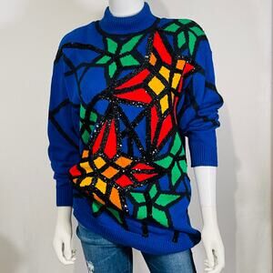 Knit Sweater Women's Medium Blue Church Stained Glass 80s Vintage Art To Wear